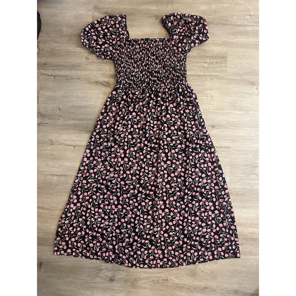 BTFBM Floral Smocked Cottagecore Maxi Dress Puff Sleeve Black Pink Large - Picture 9 of 12